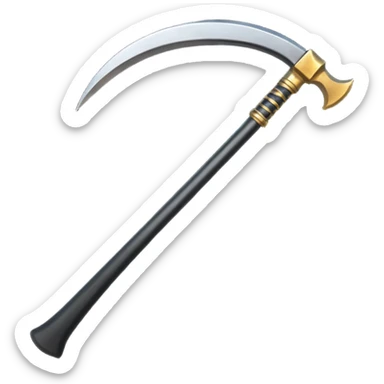 The scythe of the God of Death, a symbol of death, is long and straight, entirely in deep black. sticker