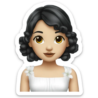 Pretty young Lady doll posing with black hair flowers in hair white dress surrounded by flowing water sticker
