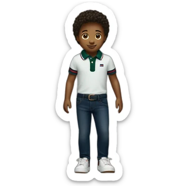 A child with a dark green tommy hilfiger polo with a dark blue jean sticker