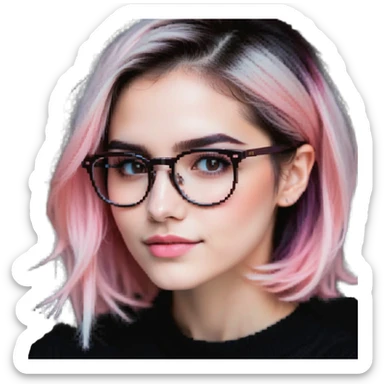 woman with gradient hair from dark to pink with glasses, brown roots, brown eyebrow, flirting sticker
