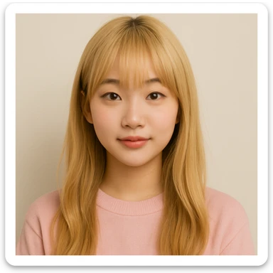 Korean girl with long blond hair and bangs, cute style, plain background sticker