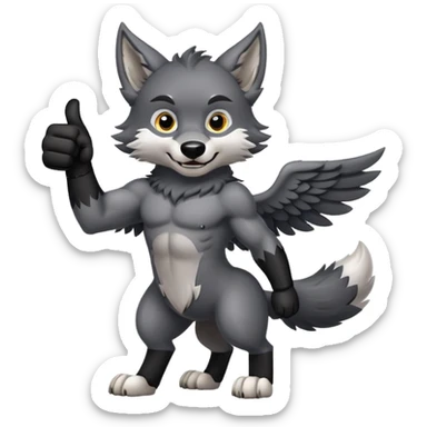 dark gray winged wolf thumbs up. sticker
