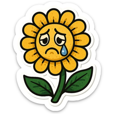 Make the sad flower have a teardrop in the style of cartoonish stickers sticker
