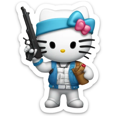 hello kitty with a toy gun pointing towards me sticker
