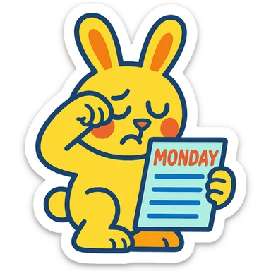 yellow bunny holding Monday memo while rubbing eyes, vibrant toon style, bright colors sticker