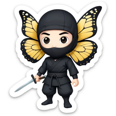 Emoji  con estos dos emojis 🦋 🥷🏻.
Ninja vestido de negro con los ojos de color negro y la piel blanca y con la mariposa posada en su hombro izquierdo como si estuviera volando en su hombro. sticker