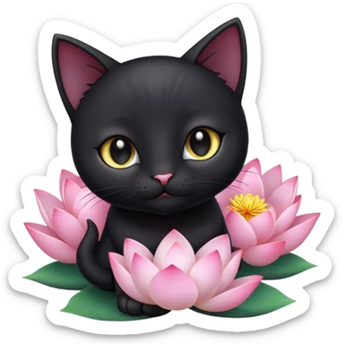 A cute  little  black cat and lotus sticker
