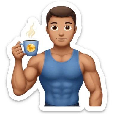 a muscular man holding a cup of coffee with a moon on it sticker