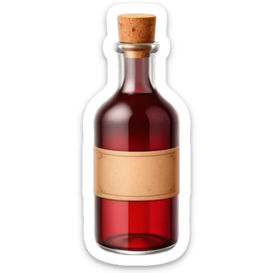 dark glass bottle with deep red hue visible through the glass, capped with cork or simple screw cap, plain or lightly detailed label, classic and slightly robust shape, no glass, pour, or branding, soft lighting, subtle shadows, emoji scale sticker