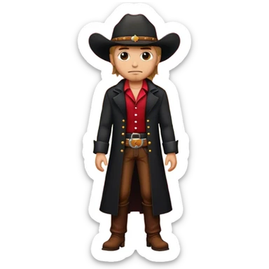 A lone cowboy in a black duster, standing under a crimson sunset sticker