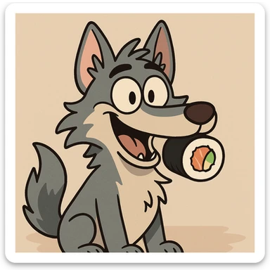 cartoon wolf with a sushi roll in its mouth, playful style sticker