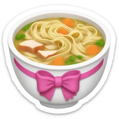 chicken noodle soup with a pink bow sticker