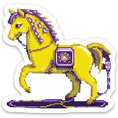 A yellow electric horse in pixel art style, made of electricity and lightning, with visible yellow wires, bolts shooting from its body as it runs. sticker