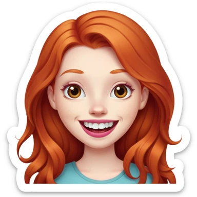 Young girl with pale skin, longer face, full pink lips smiling with big teeth, very long ginger red hair (no blonde at all), big brown eyes, bigger nose, big mouth sticker