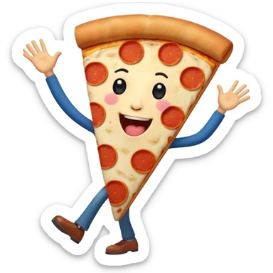 silly dancing pizza slice with a face, arms, and legs, singing 'larili larila', Italian flag in the background, fun and energetic sticker