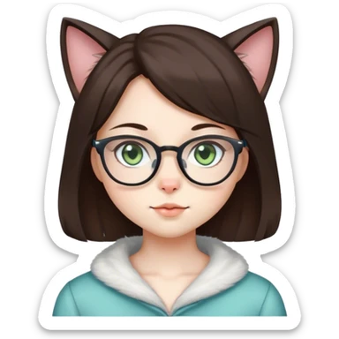 Anime, cat-lady, dark brown hair, square glasses, hazel-green-blue eyes, pale ski, sticker
