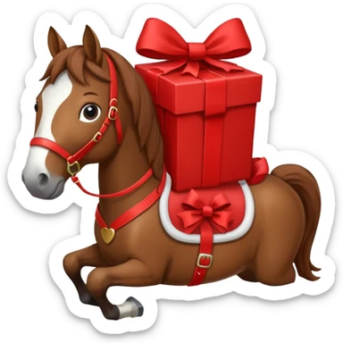 a New Year's horse with a red saddle, which has a red gift box with a white bow on the saddle sticker