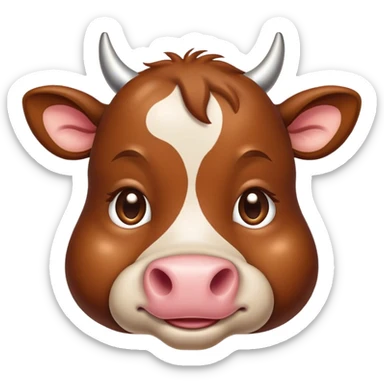 Cinematic Cute Brown Cow Portrait Emoji, Head tilted playfully and inquisitively, featuring a glossy, rich brown hide with a natural sheen, round, sparkling brown eyes filled with gentle curiosity, Simplified yet irresistibly adorable features, highly detailed, glowing with a warm, friendly glow, high shine, affectionate and serene, stylized with a touch of country charm, bright and endearing, soft glowing outline, capturing the essence of a mischievous yet loving cow, so playful it feels like it could moo out of the screen and into your arms! sticker