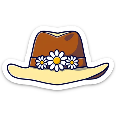 Black leather cowgirl hat with daisy flowers around the crown sticker
