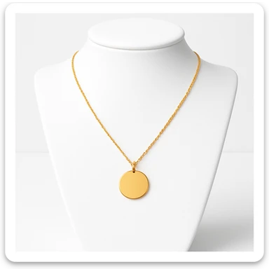 a golden necklace with a plain circular pendant displayed on a bright white necklace stand, high contrast between the gold necklace and the white stand, minimal, clear details sticker