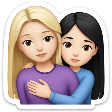 a blonde girl with straight hair hugging a black-haired girl with straight hair sticker