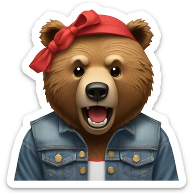 grizzly bear wearing sleeveless jean jacket and red headband with open mouth sticker