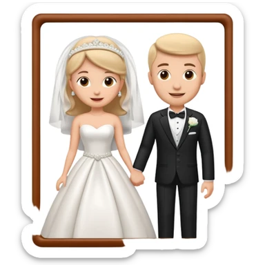 A 3D cartoon wedding advertisement poster hanging on a wall, with bride and groom illustration, visible border, flat lighting, Memoji-style. sticker