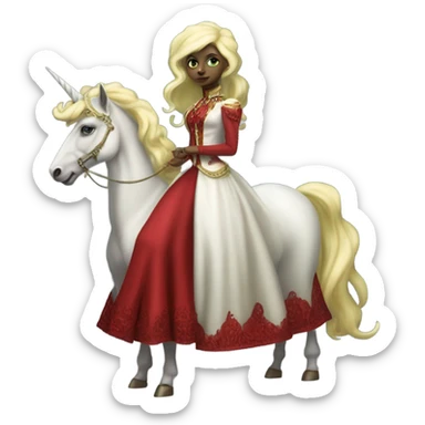 "galora green blonde alien woman" in red Victorian elegant dress, full body, rides unicorn gold and white
(NO WOKE)
 sticker