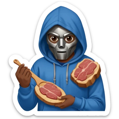 MF DOOM in a blue hoodie holding a piece of meat sticker