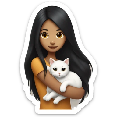 girl with very long black hair and caramel skin hugging a white cat sticker