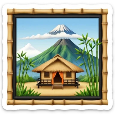 bamboo hut with volcano in the back in Volcano Island  sticker