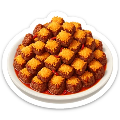 spicy fried minced meat dish object icon, minced meat cooked with chili flakes, red spicy oil, crispy texture, 3D cartoon, mobile game icon style, clean background, no text, no watermark
  sticker