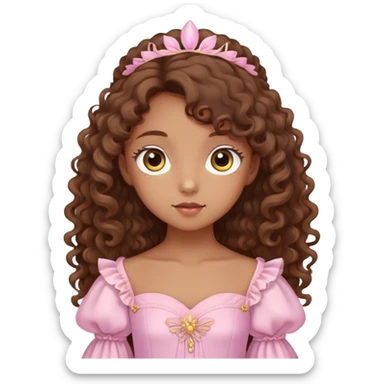 Adorable, kawaii, soft, and coquette demoiselle with brown curly long hair, brown iris eyes, Yellowish brown skin, and soft pink gown sticker