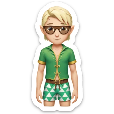 elf male legolas portrait, patterned board shorts (geometric/abstract), unique wooden-framed sunglasses, undercut hairstyle, slight smirk, visible pointy ears, no background, centered emoji, hipster summer vibe sticker