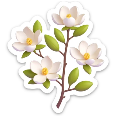 3D icon of a magnolia branch with two flowers, gentle pastel colors, smooth and rounded style sticker