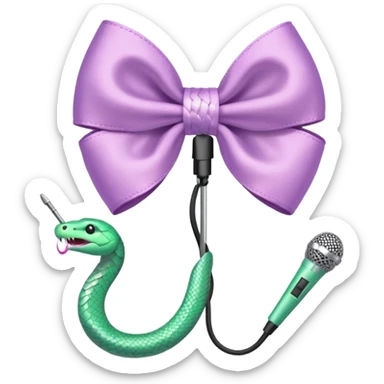A pastel pink bow with a pastel green snake on the top of one side and a pastel purple microphone on the bottom of the other side sticker
