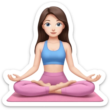 Brunette long hair and blue blue eyes yoga beautiful girl in light pink pink pink clothes sitting on a yoga mat sticker