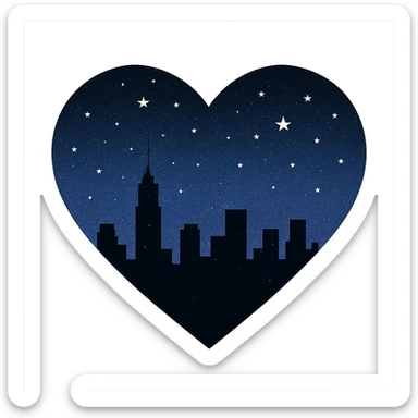 heart with a silhouette of a city skyline at midnight, starry sky above sticker