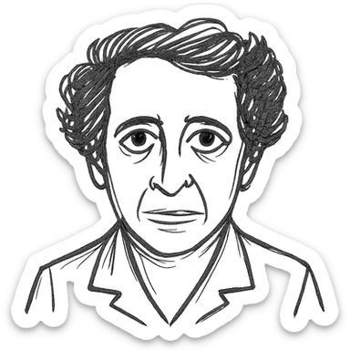 a hand drawn black outline portrait of Hannah Arendt with similar size eyes based a famous photograph of her sticker