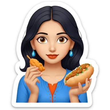 a pretty indian bratz girl with wavy long black hair. eyeliner on, wearing a blue kurti, eating vadapav sticker