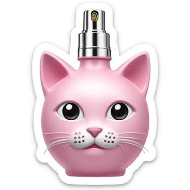 “A cute, pastel pink perfume bottle with an atomizer pump, shaped like a cat’s face with a bow. sticker