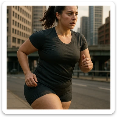 hyper realistic 4K image of a woman running outdoors, following a healthy diet, persistent stubborn fat on legs and thighs, realistic details, cinematic urban background sticker