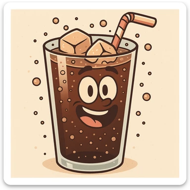 cartoon style illustration of a glass of cola with ice and a straw, bubbly and refreshing sticker