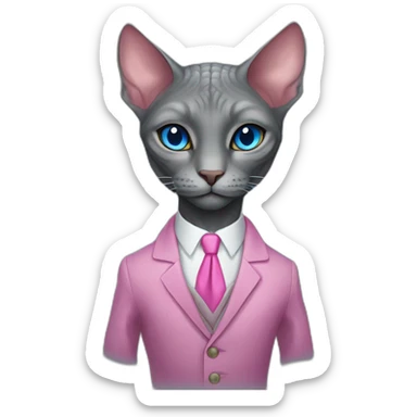 reptilian sphinx dark grey cat with blue eyes wearing pink suit, portrait sticker