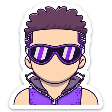 close-up of cool guy male athlete with white skin and moderately curly dark brown hair on top with shaved sides, wearing ski goggles with purple frames and very dark black lenses, winking behind the goggles, with an open mouth confident smile like a cool guy, a simple plain black chain necklace, and a completely unzipped sleeveless vest with purple and black sequin fire pattern design with no logo sticker