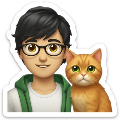 Boy with green eyes, glasses, with black short hair, with orange Persian cat sticker