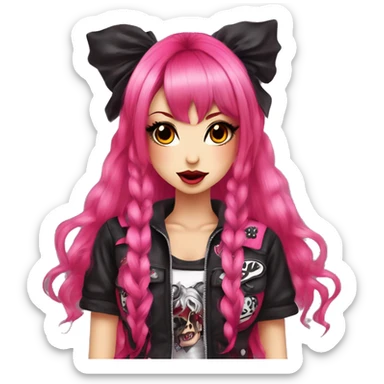 hime gyaru girl, hot pink and red split-dyed hair, dark makeup, punk clothes sticker