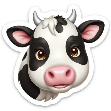 Cinematic Cute Black and White Cow Portrait Emoji, Head tilted playfully and inquisitively, featuring a glossy, contrasting coat of black and white, round, sparkling brown eyes filled with gentle curiosity, Simplified yet irresistibly adorable features, highly detailed, glowing with a warm, friendly glow, high shine, affectionate and serene, stylized with a touch of contemporary charm, bright and endearing, soft glowing outline, capturing the essence of a mischievous yet loving cow, so playful it feels like it could moo out of the screen and into your arms! sticker