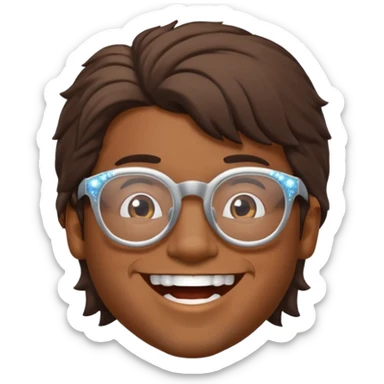Brown guy with glasses with a whiffed front and puffed mullet, smiling with his teeth together and a sparkle from his teeth sticker