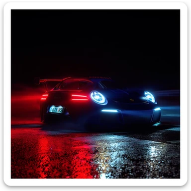 Cinematic still of a porsche 911, gt3 rs night photo, red lights and blue bright night  sticker